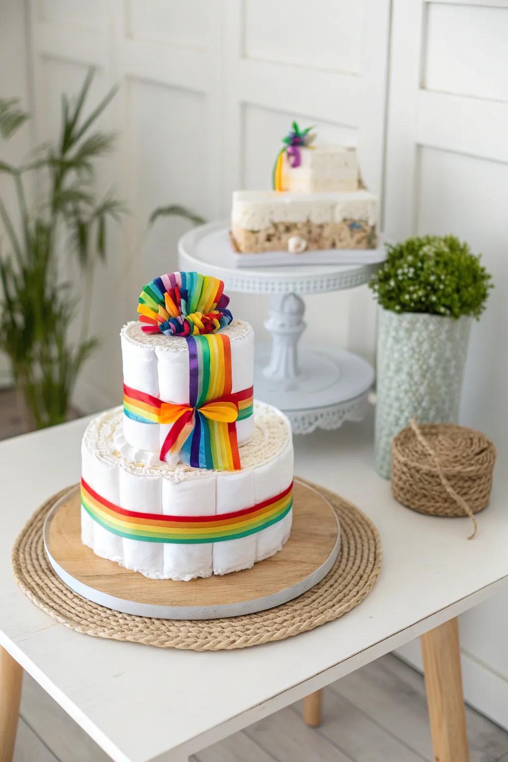 Celebrate joy with a rainbow burst! This vibrant diaper cake is perfect for a gender-neutral party.
