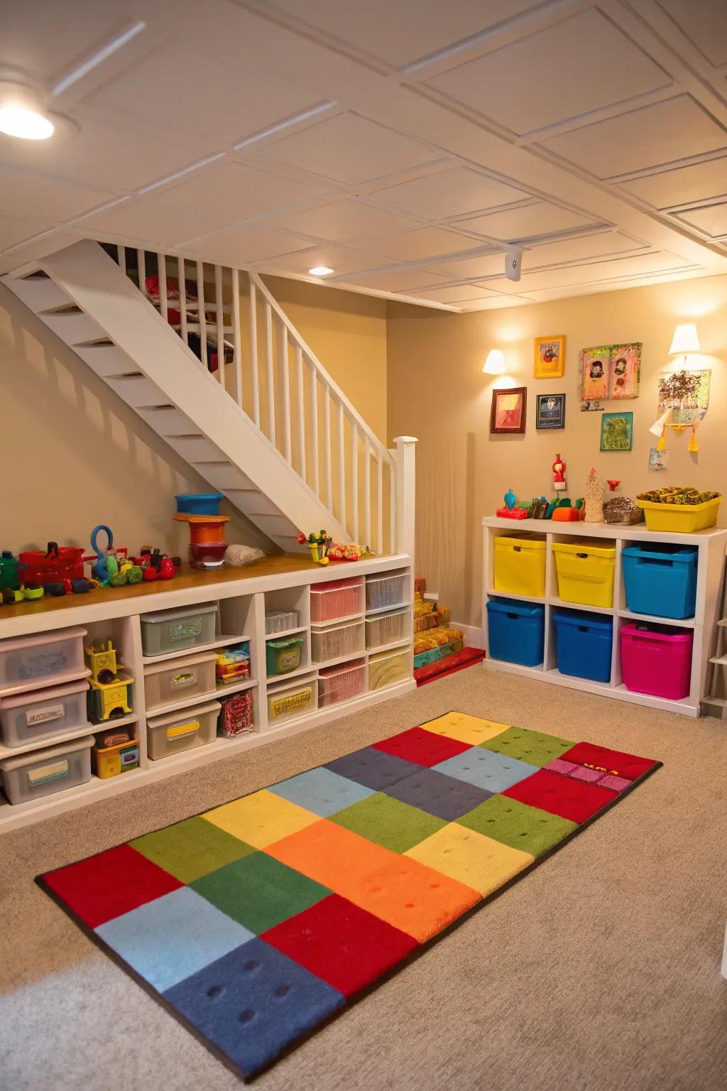 Create a vibrant and organized play area for kids in the basement.