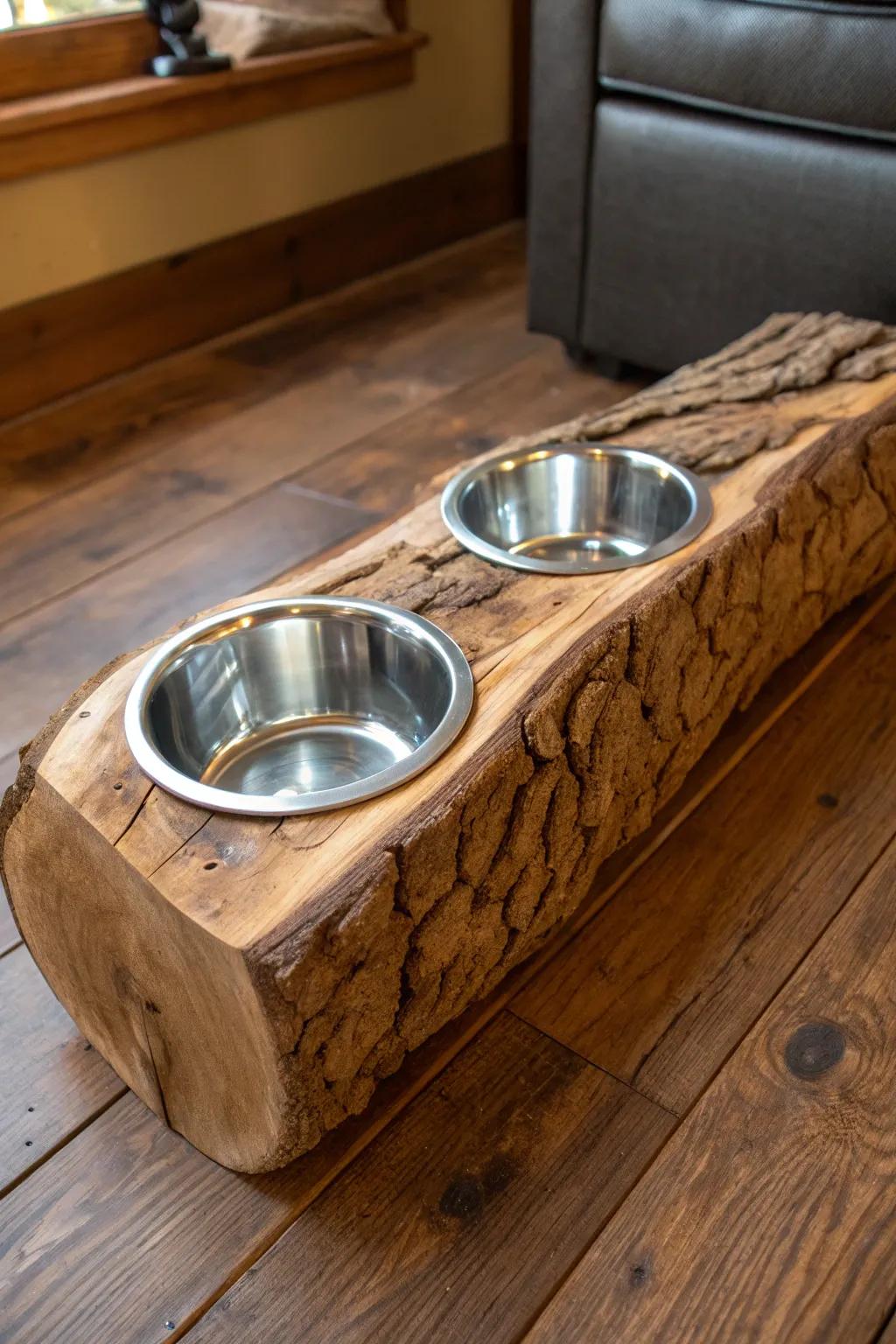 Elevate your pet's dining with this handcrafted log bowl holder.