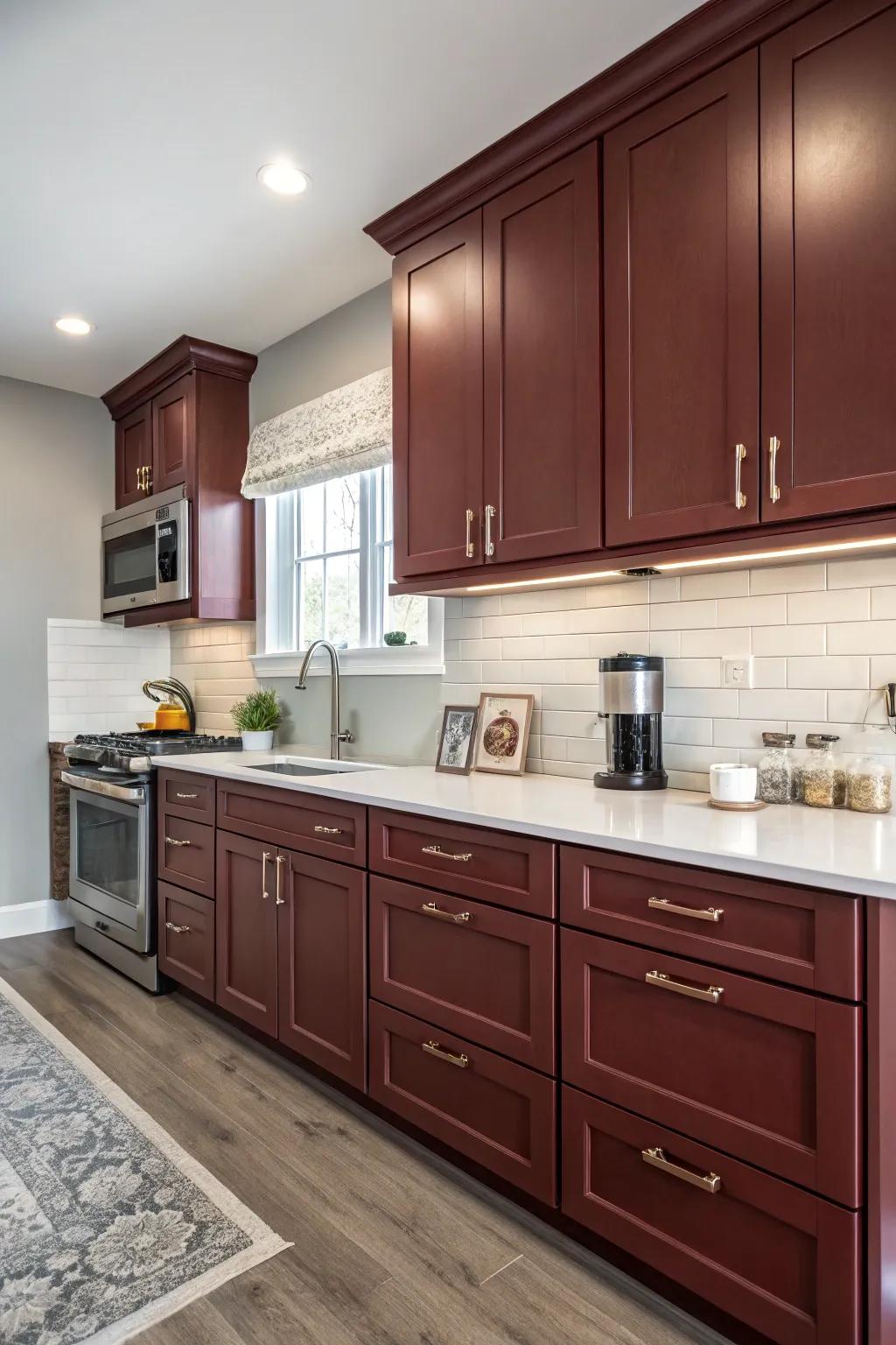 Sophisticated kitchen with wine red cabinets and pale grey walls.
