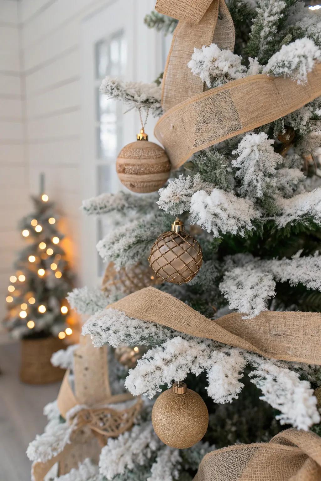 Burlap ribbons adding a rustic charm to a snowy Christmas tree.
