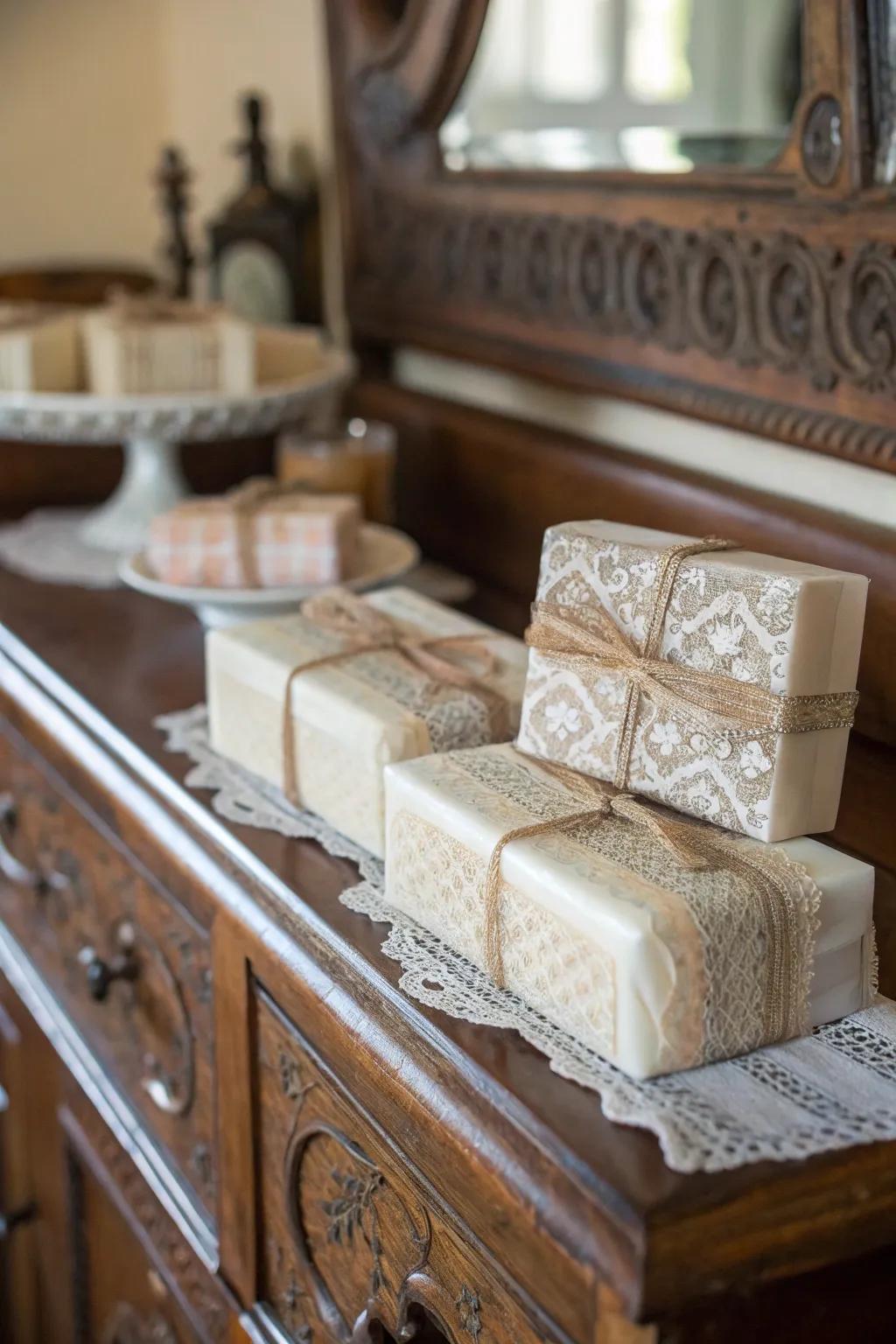 Vintage soaps with charming lace designs.