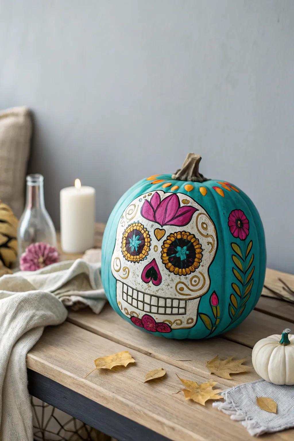 Celebrate the Day of the Dead with a vibrant sugar skull pumpkin that combines Scandinavian simplicity with Boho flair.