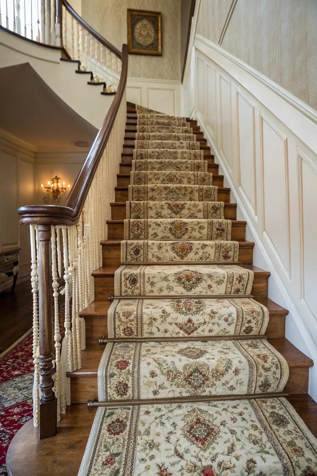 A vintage rug runner adds charm and character to the staircase.
