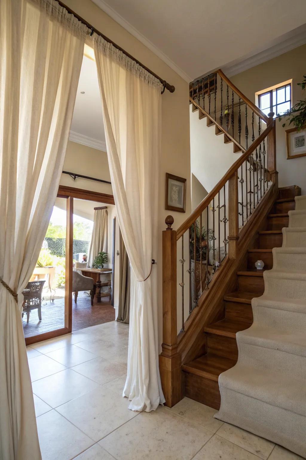 Curtains can serve as stylish room dividers in your stairwell.