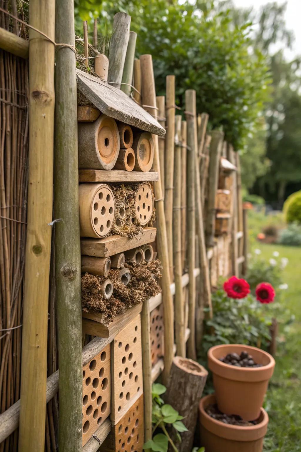 Craft a buzz-worthy garden with this enchanting bee hotel fence, where nature meets artistry.