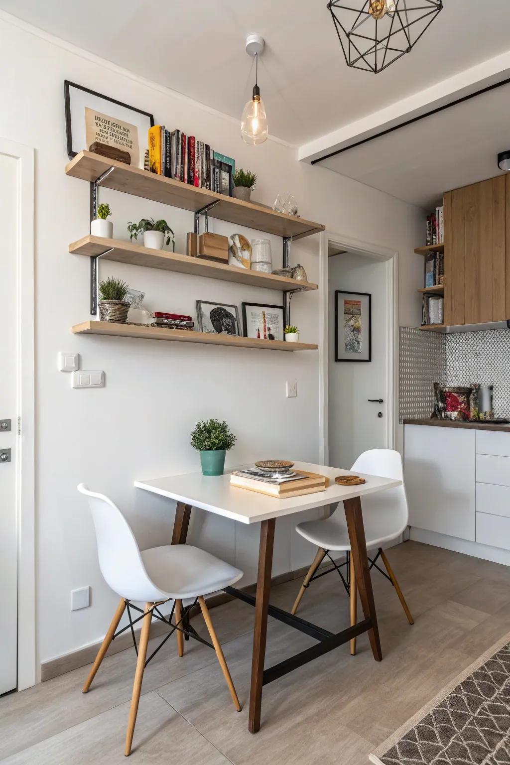 Floating shelves combine storage and decor in dining areas.