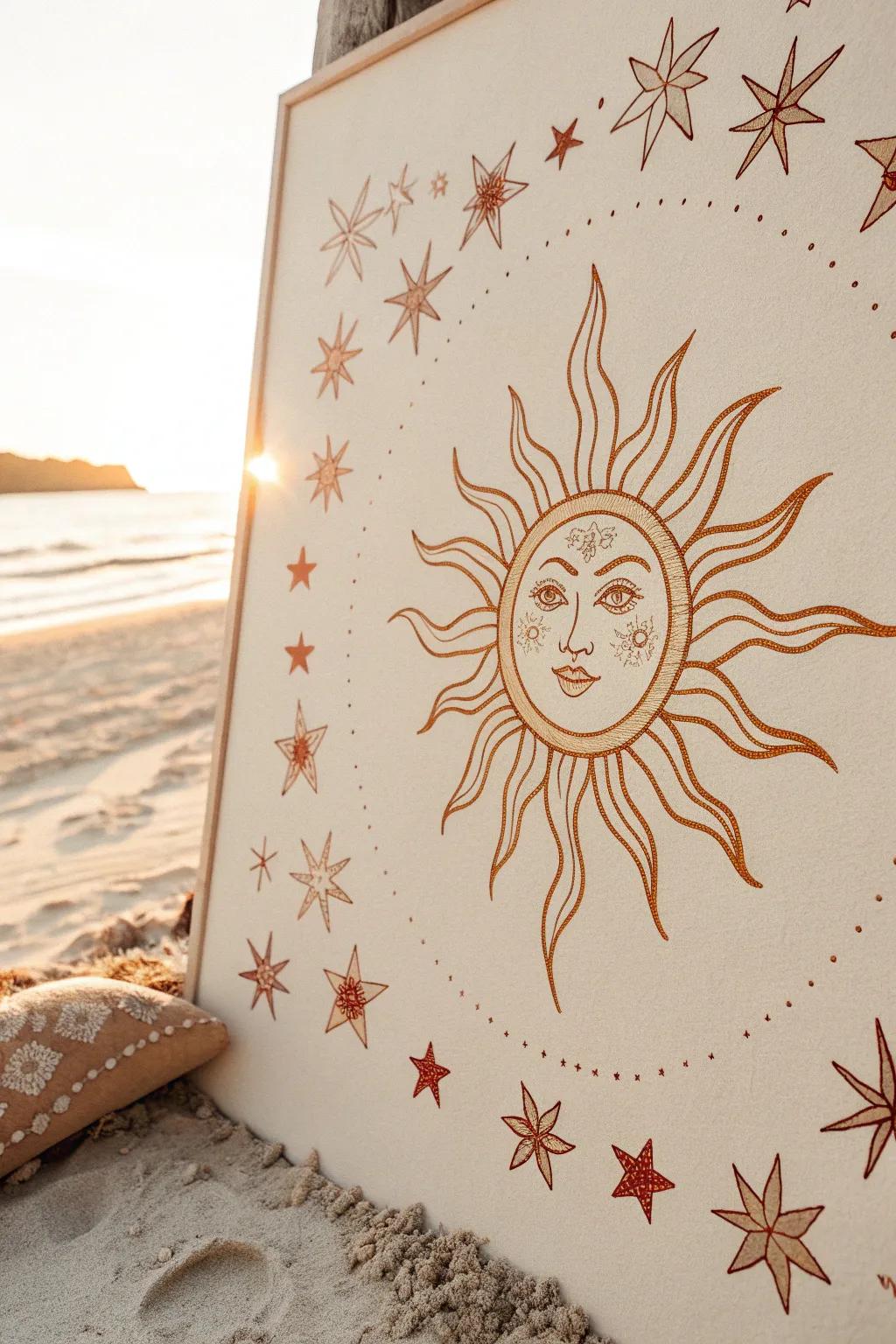Capture the universe with a minimalist sun and stars design, blending Scandinavian simplicity with Boho charm.