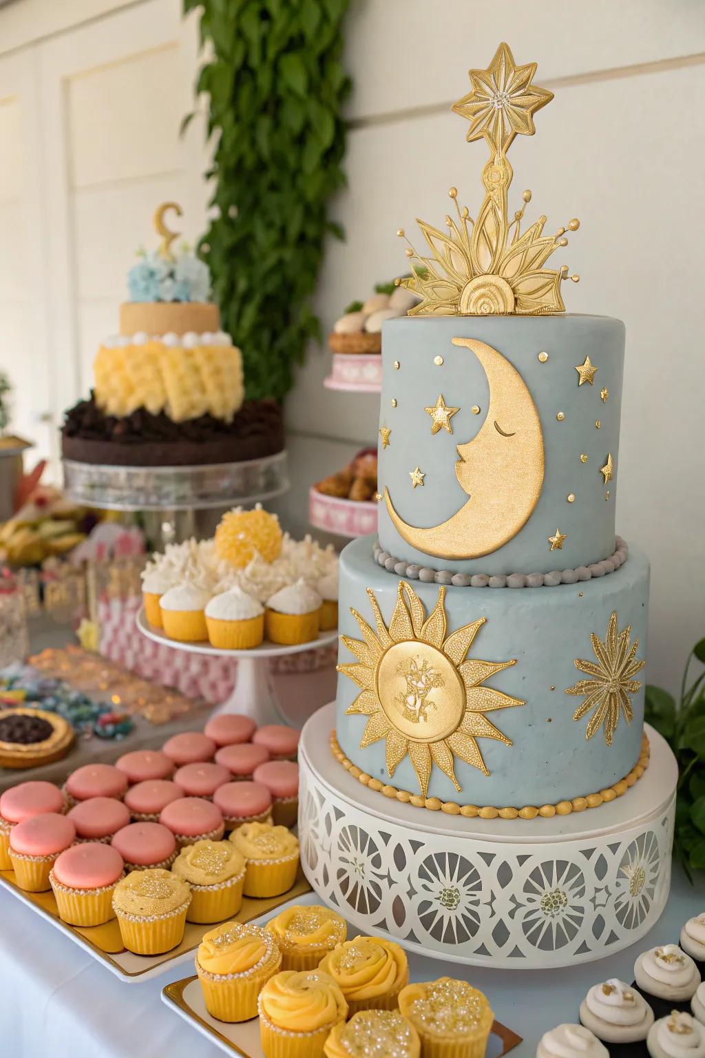 A stunning sun-and-moon cake that serves as a symbolic centerpiece.