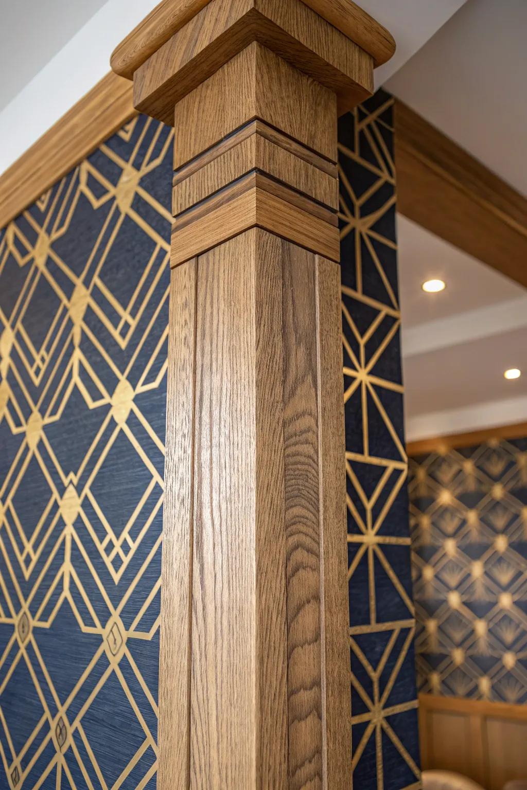 Transform your space: Elevate support beams with stylish, textured wallpaper for a bold statement.