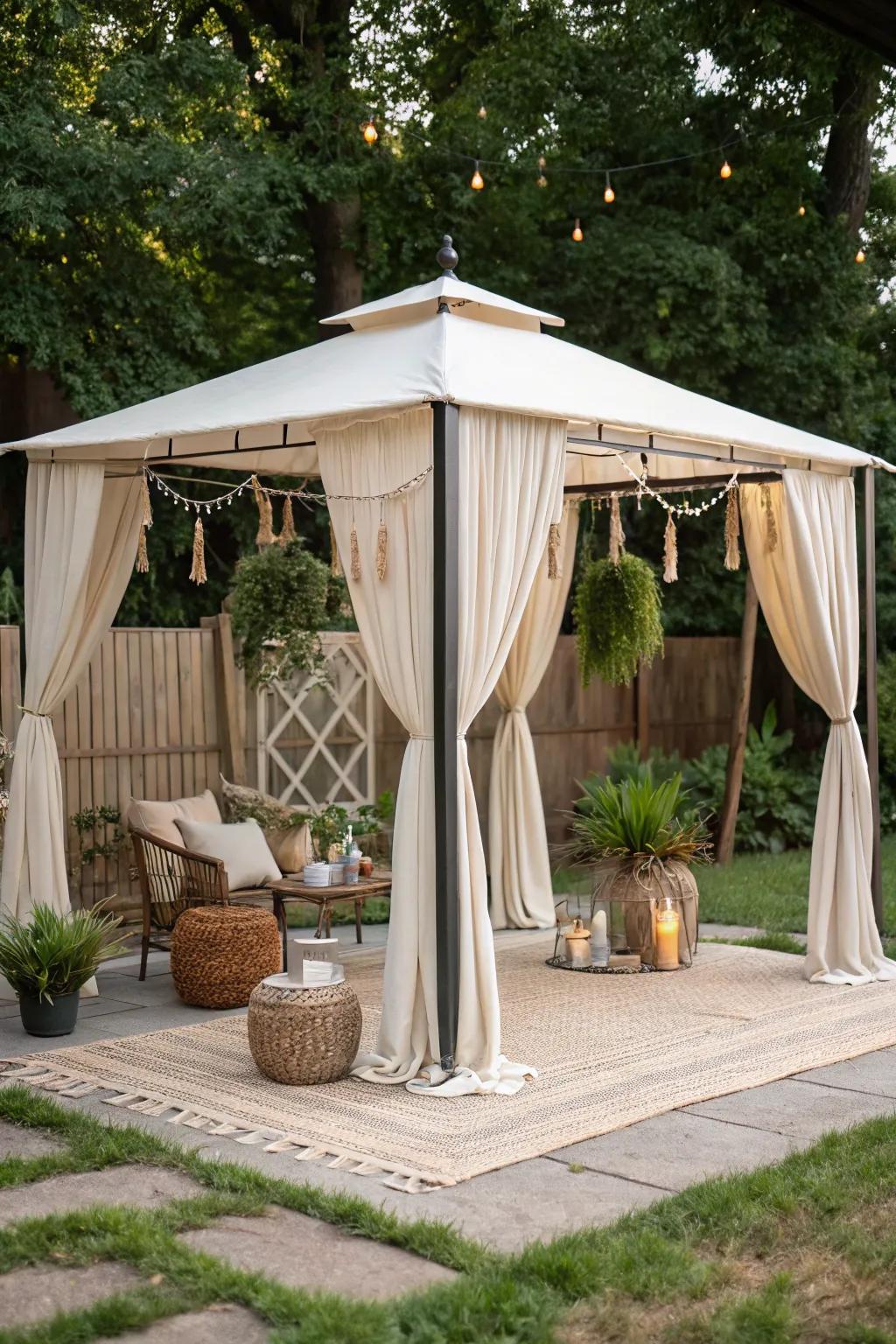 Elevate your patio with a chic pop-up gazebo—where Scandinavian simplicity meets boho charm, ready for any weather surprise.