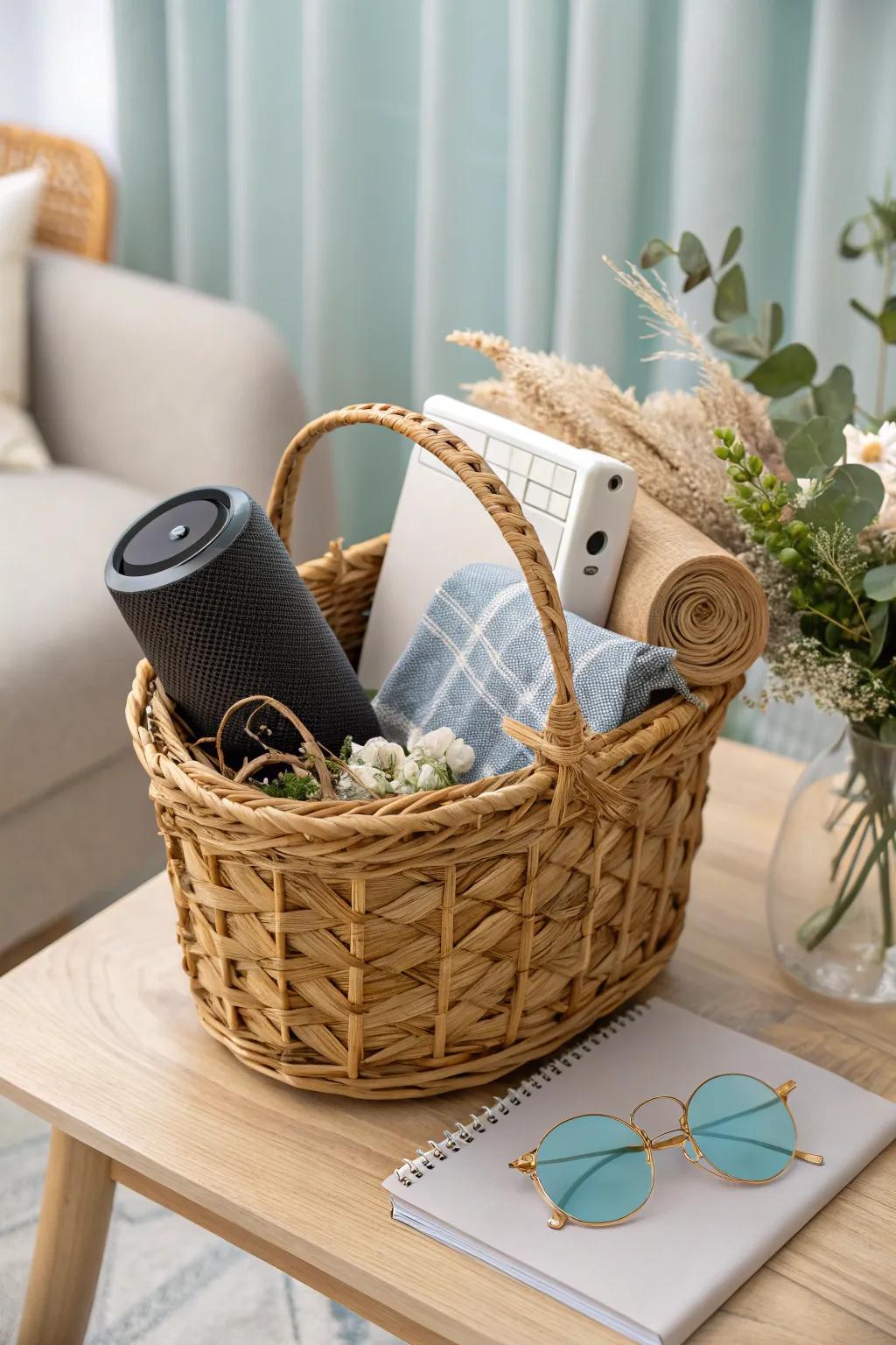 Unwrap the perfect blend of tech and style with this chic gift basket for the modern tech enthusiast.