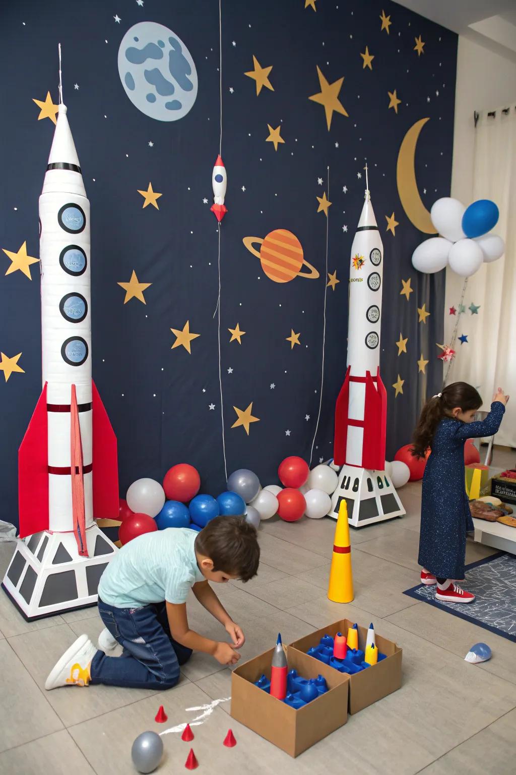 Rocket-themed celebration with cosmic exploration activities.