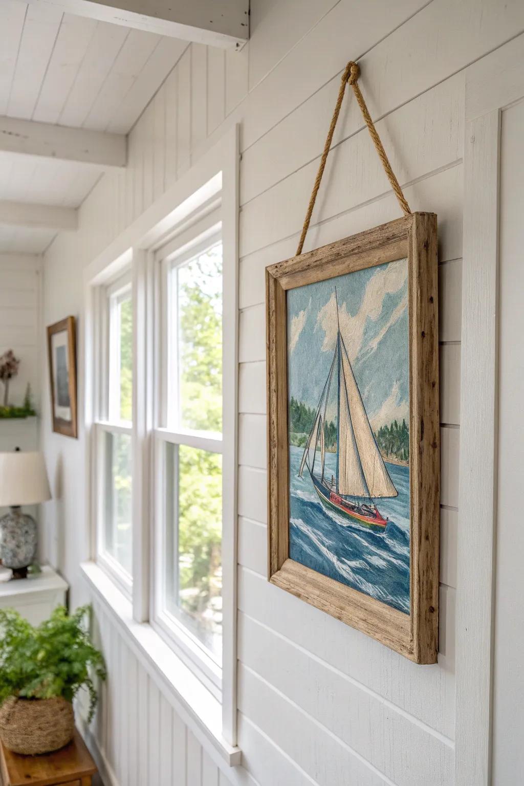 Sail into serenity with this charming thrifted nautical artwork, where minimalist style meets bohemian flair.