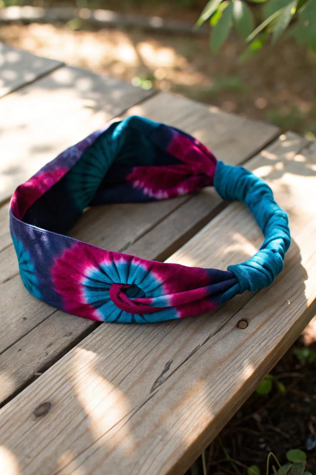 Add a pop of color to your outfit with a handcrafted tie-dye headband, where simplicity meets striking vibrancy.