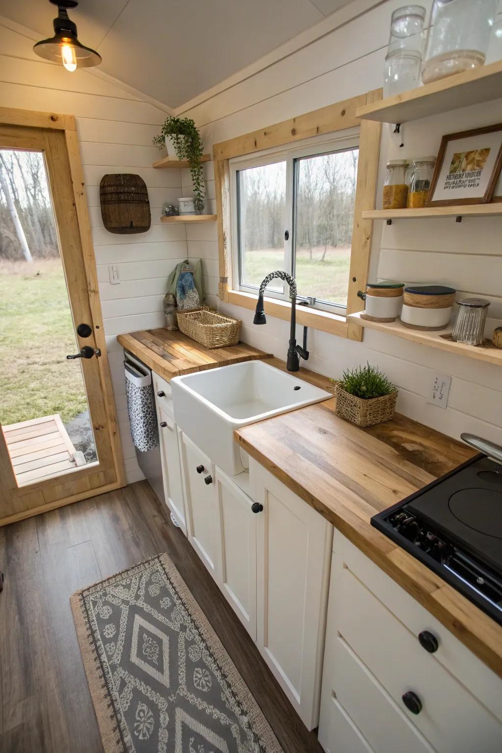 A custom DIY sink providing a unique touch in a tiny house kitchen.