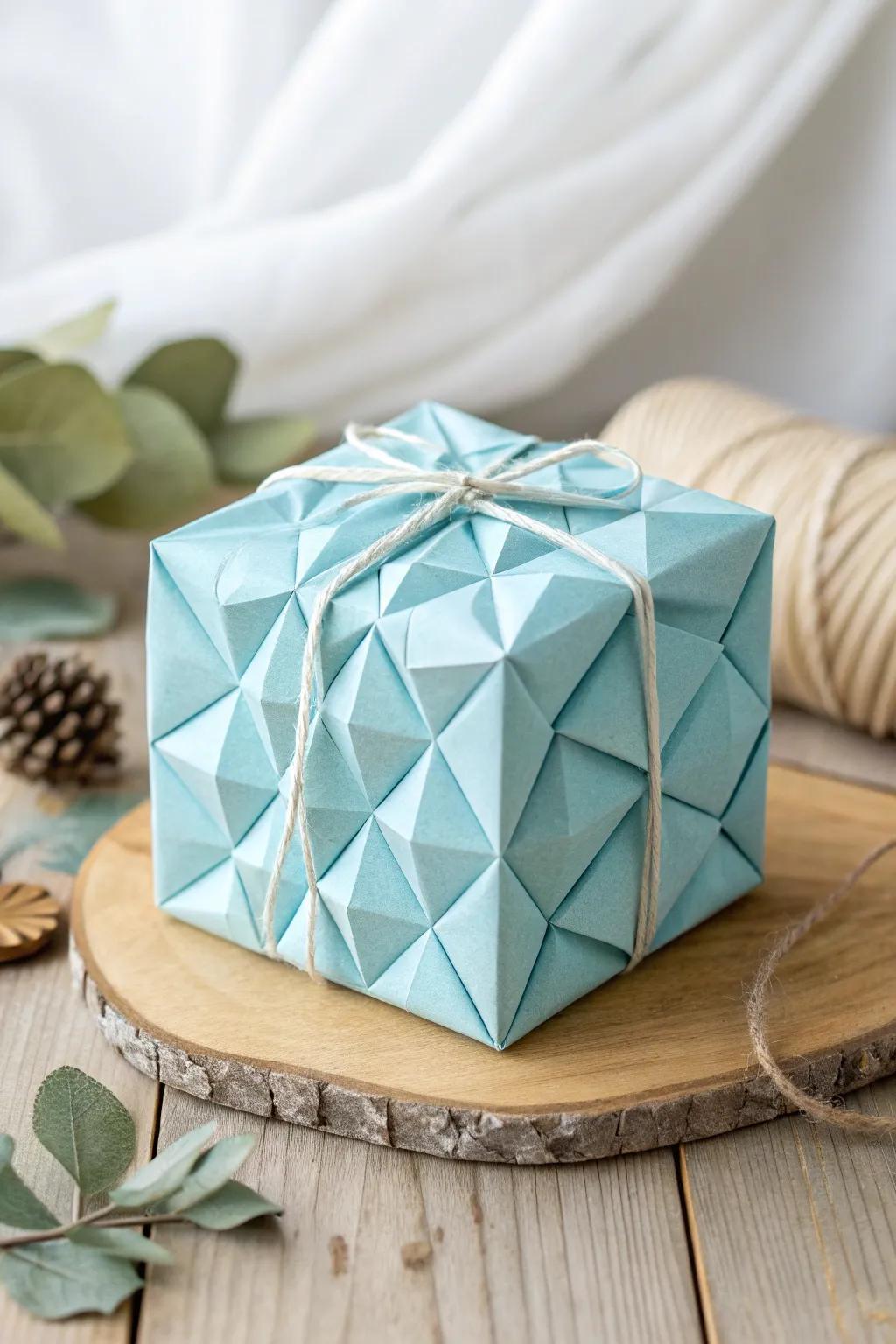 Elevate your gift wrapping with elegant geometric folds – a blend of minimalist design and boho charm.