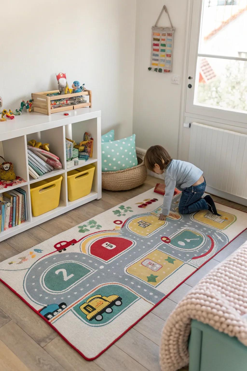 Playful rug designs add both color and functionality.