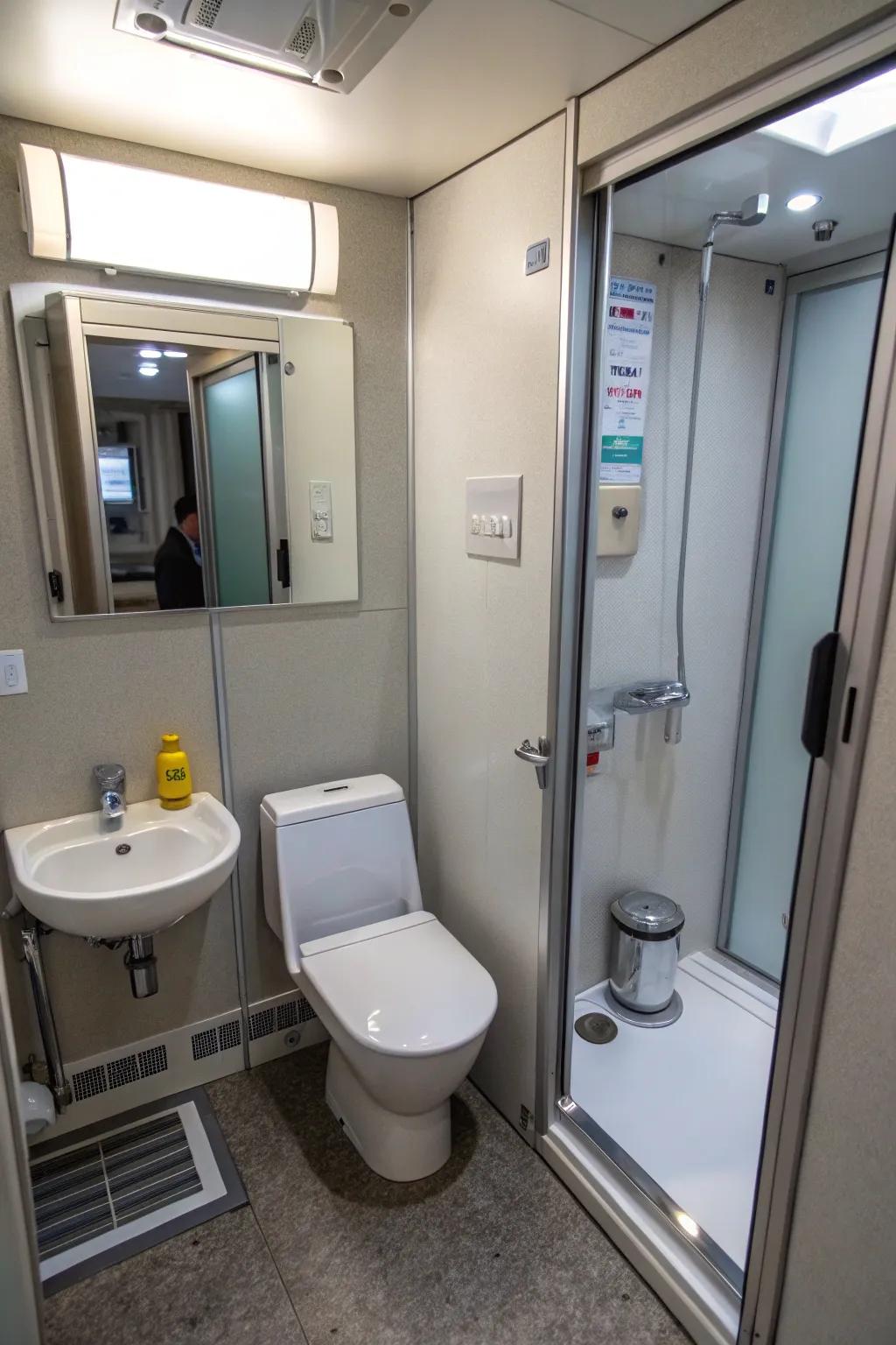 Space-saving design with miniature fixtures in a toilet room.