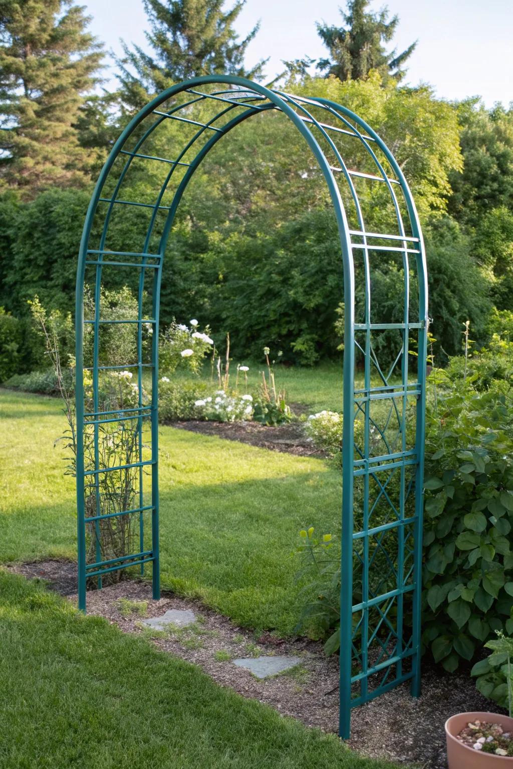 Elevate your garden with the elegance of a horseshoe trellis, where craftsmanship meets nature.