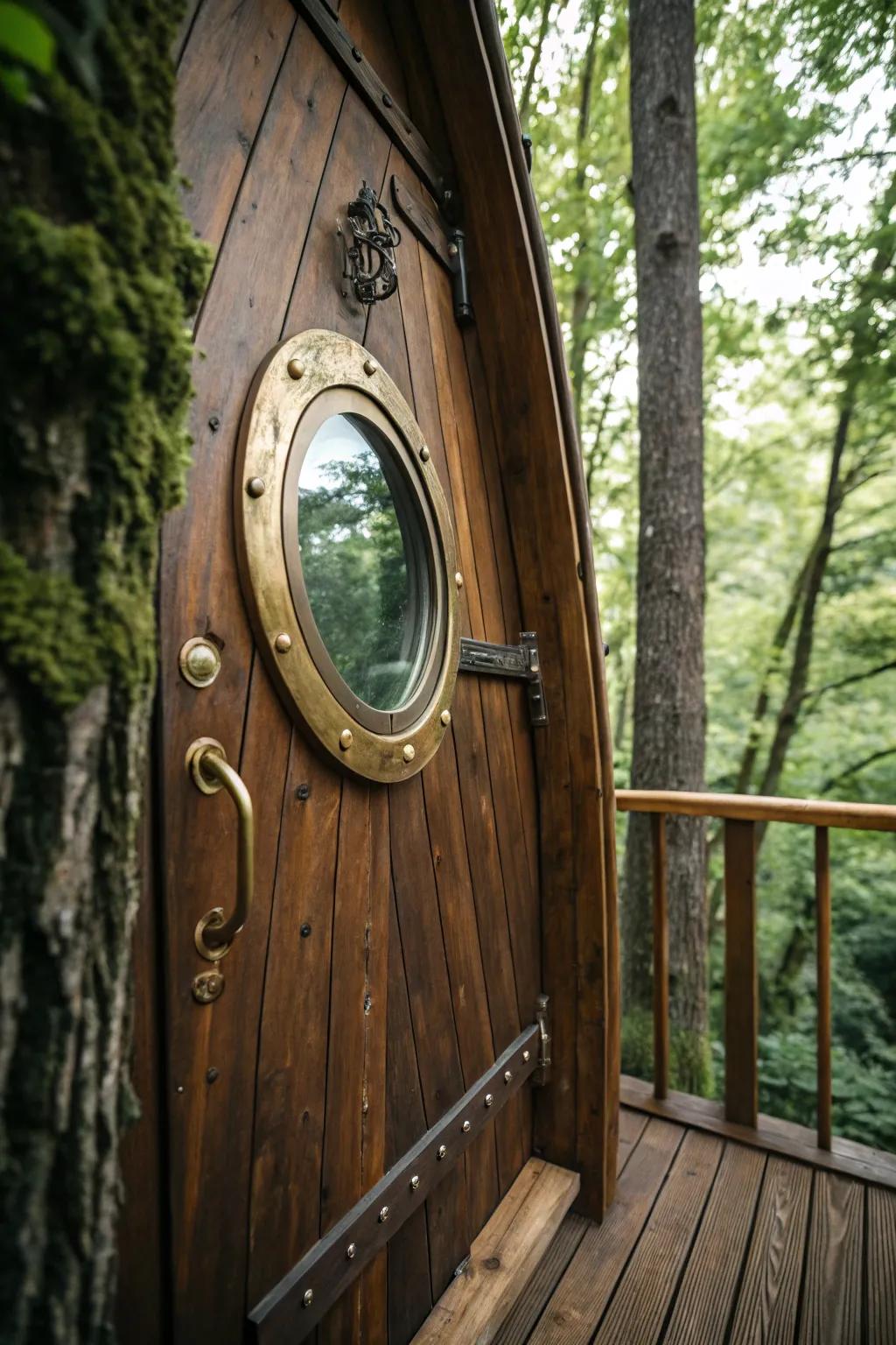 Set sail on endless adventures with this charming porthole window treehouse door, where craftsmanship meets imagination.