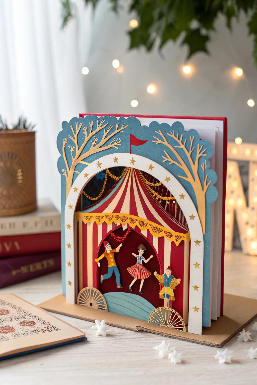 Step into the whimsical world of the circus with this enchanting tunnel book—a feast of colors and creativity!