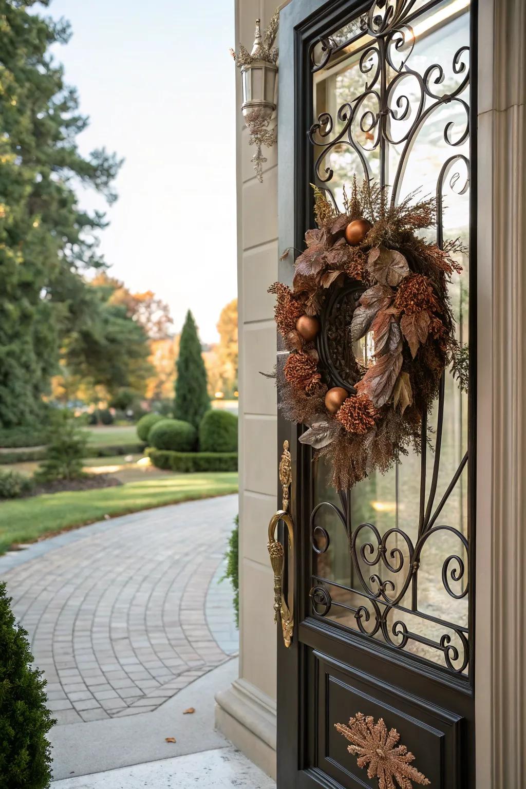 Copper accents make for a metallic marvel on your door.