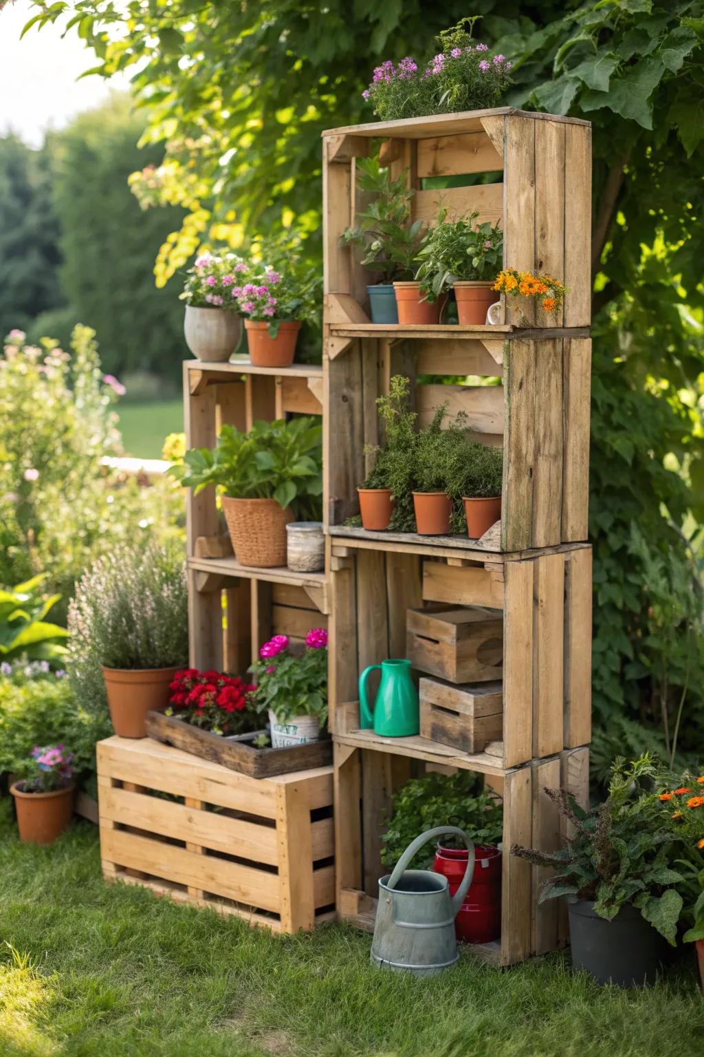 Transform your garden with chic and functional wooden crate shelves, where simplicity meets stunning style.