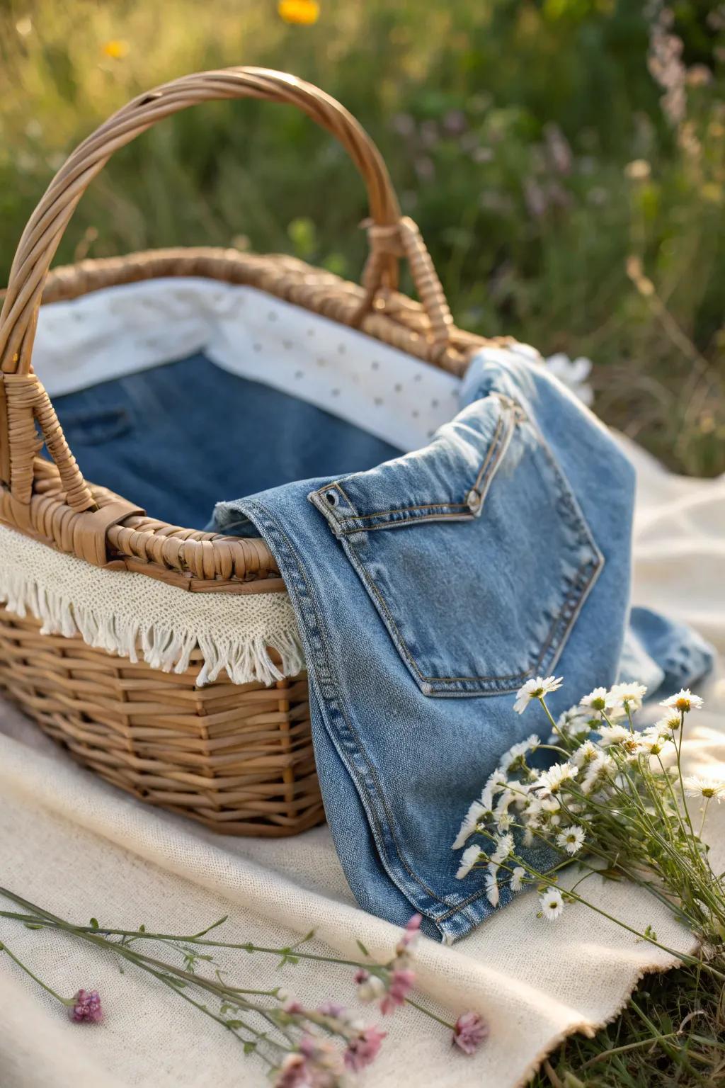 Elevate your outdoor dining with a chic denim liner for your picnic basket—where sustainability meets style.