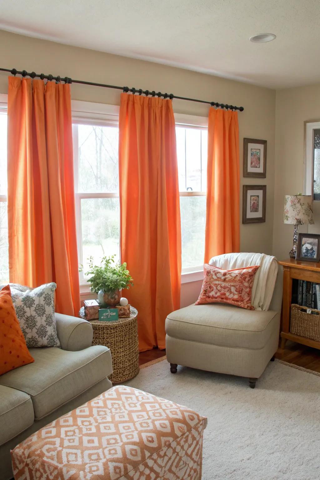 Orange curtains bring warmth and cheer.