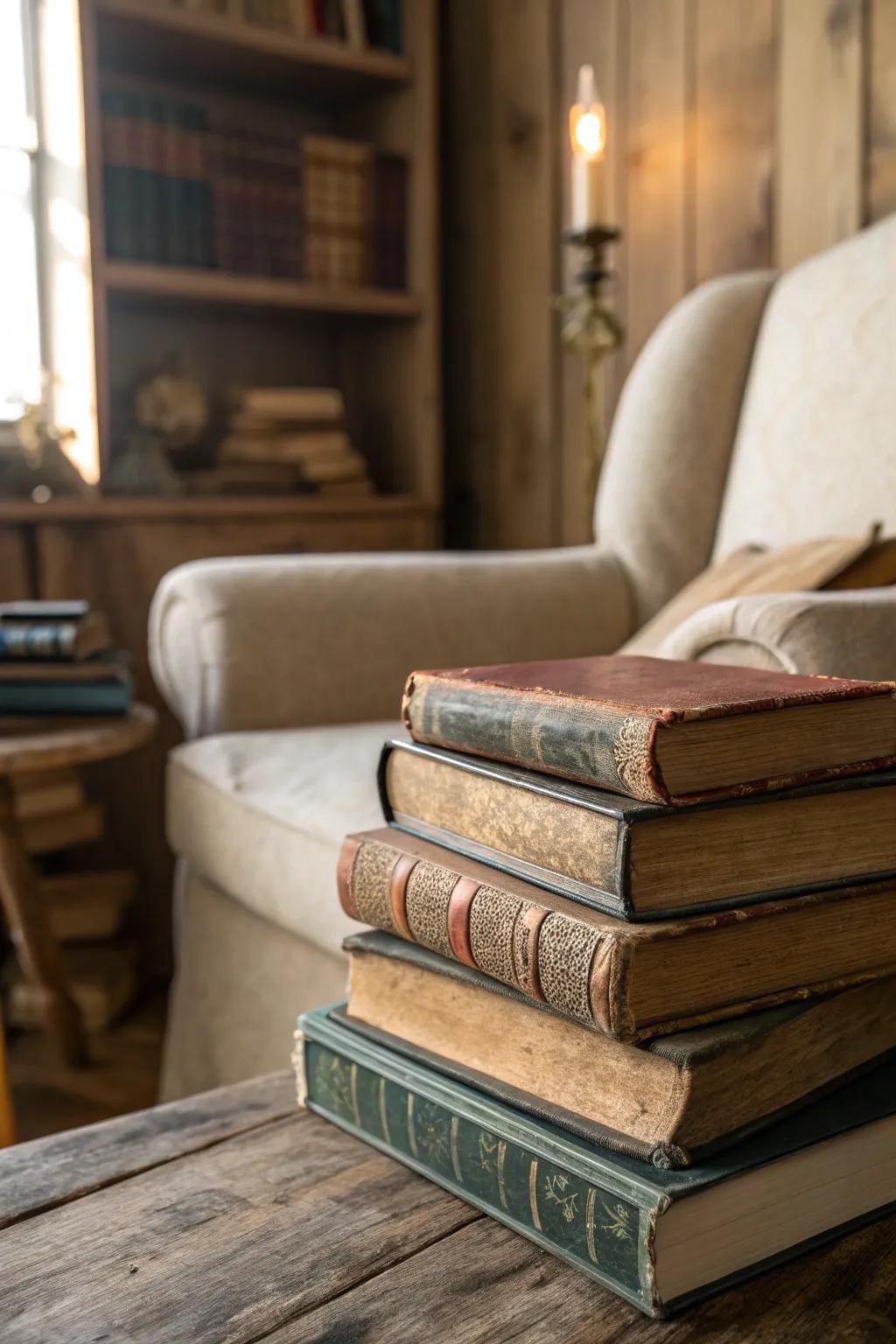 Vintage books add literary charm.
