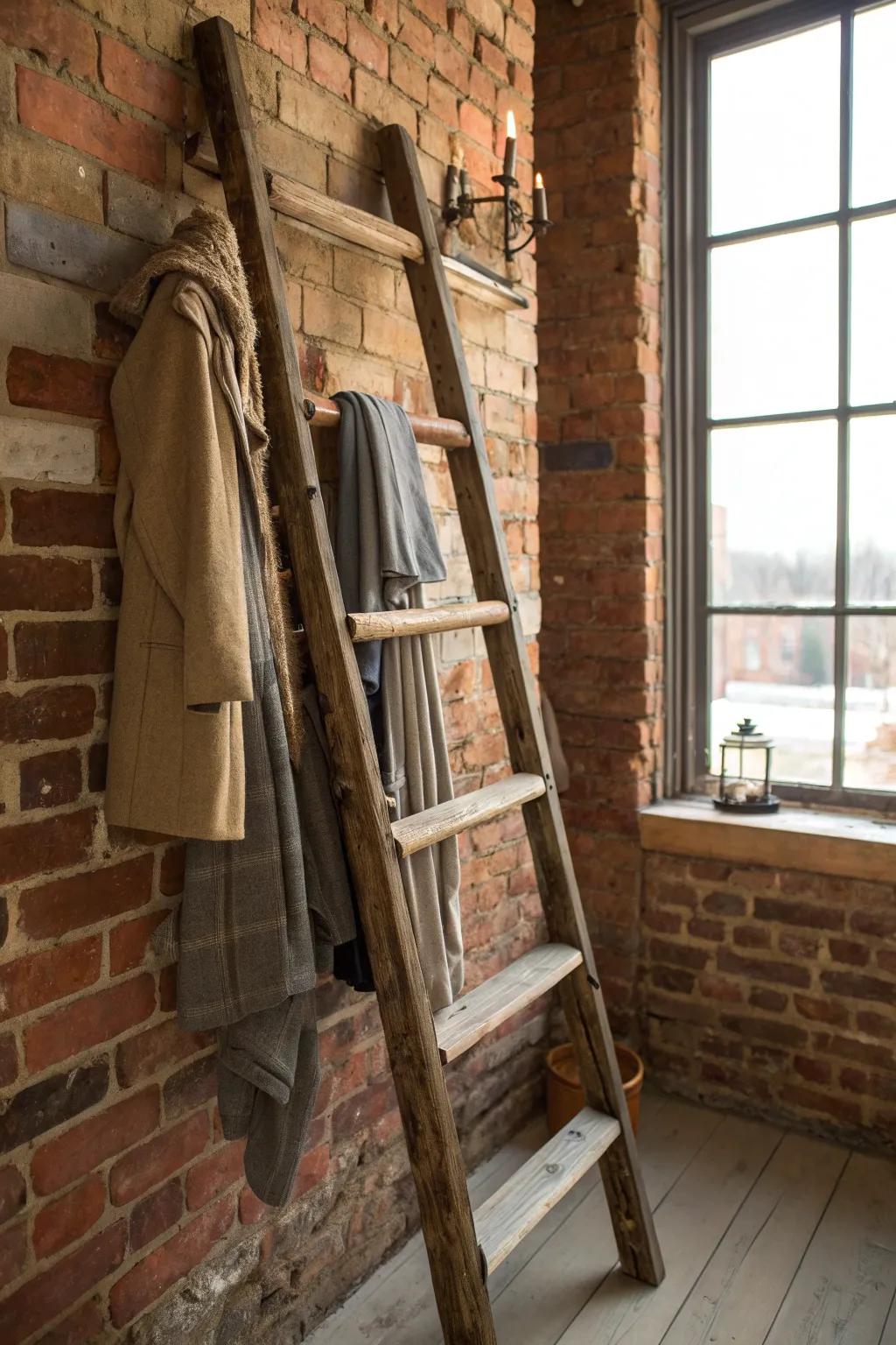 Elevate your entryway with rustic charm: a vintage ladder reimagined as a coat rack.