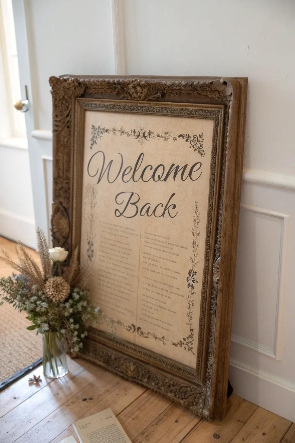 Embrace timeless charm with a vintage 'Welcome Back' sign that speaks of warmth and elegance.