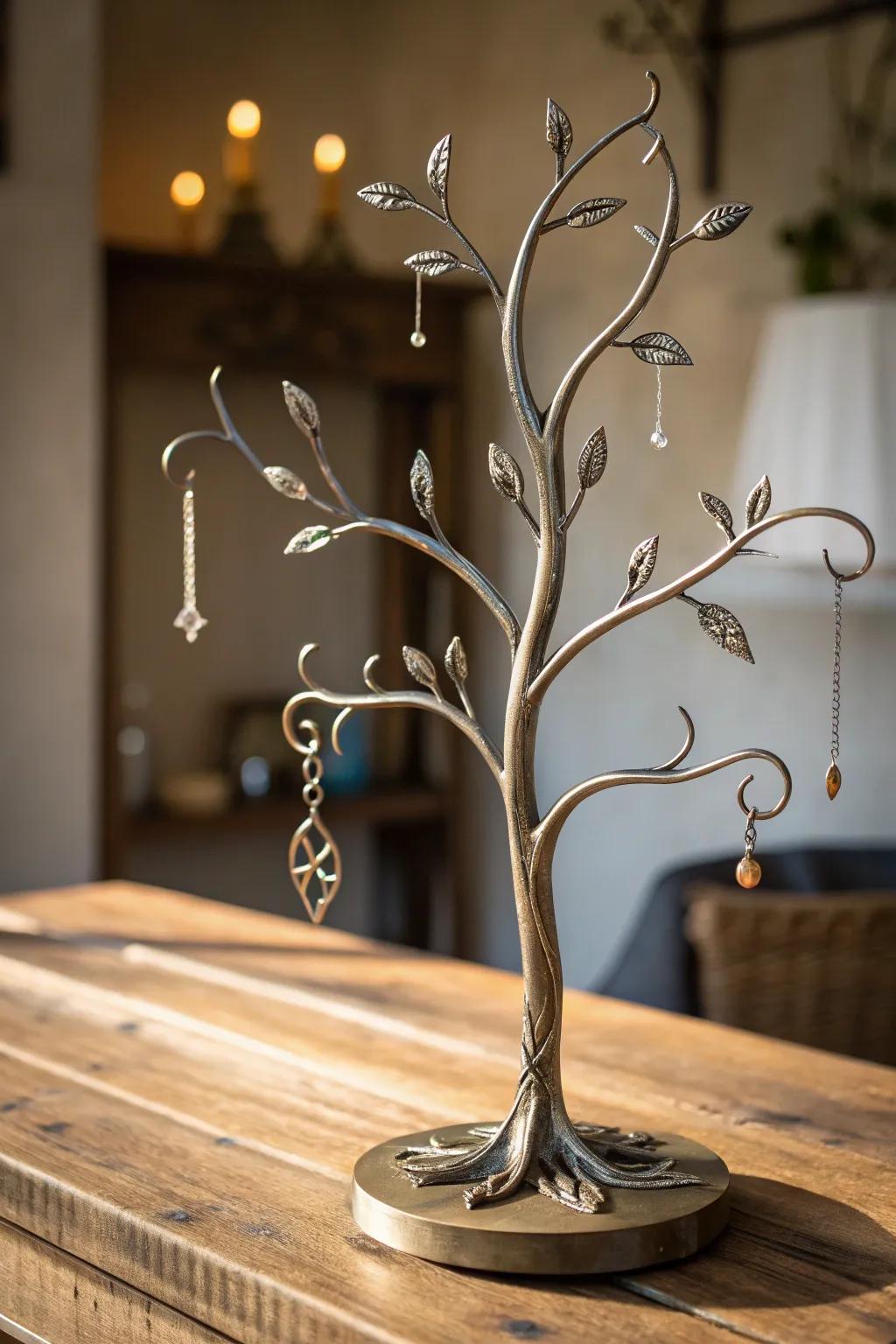 Elevate your accessory game with this expertly crafted welded jewelry tree - where industrial charm meets elegance.