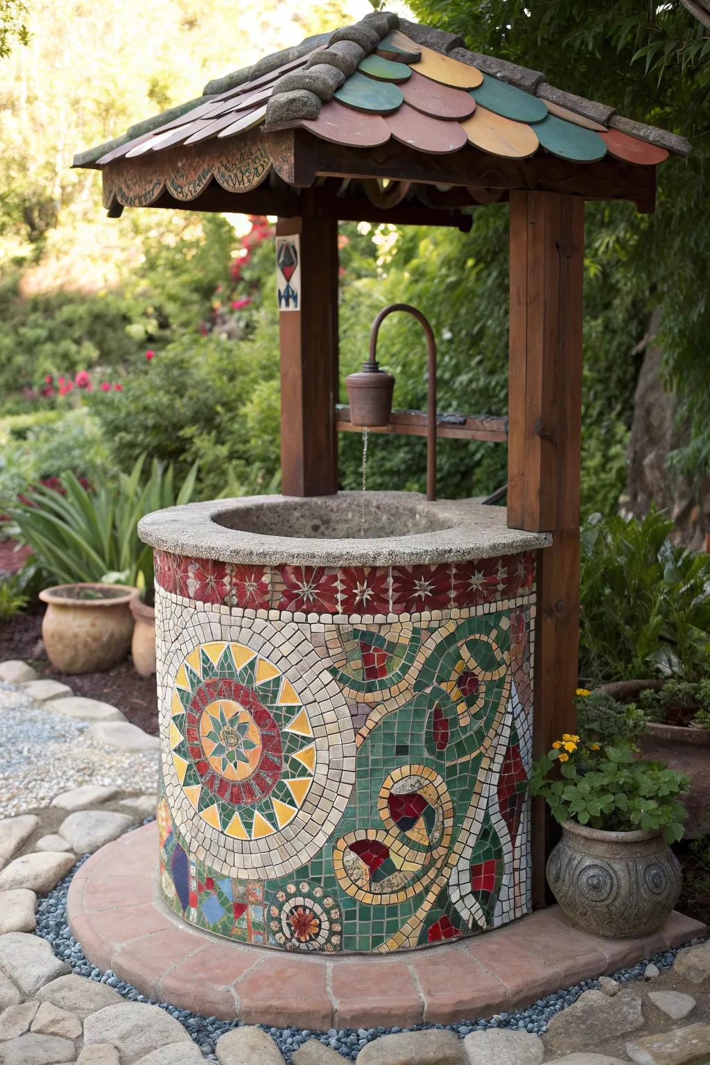 Transform your garden with a stunning mosaic well pump cover, where art meets functionality.