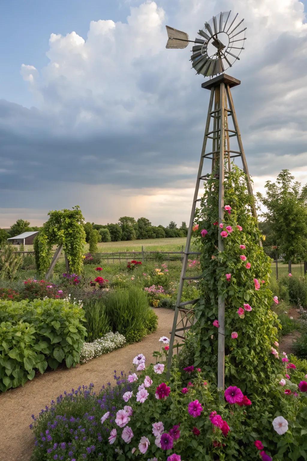 A windmill trellis serves as both a functional and decorative garden piece.