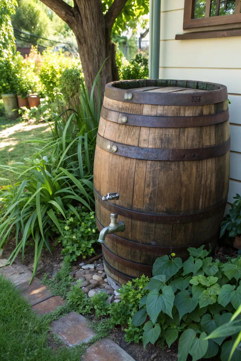 Sustainable elegance: A crafted wine barrel rainwater collector enhances garden beauty.