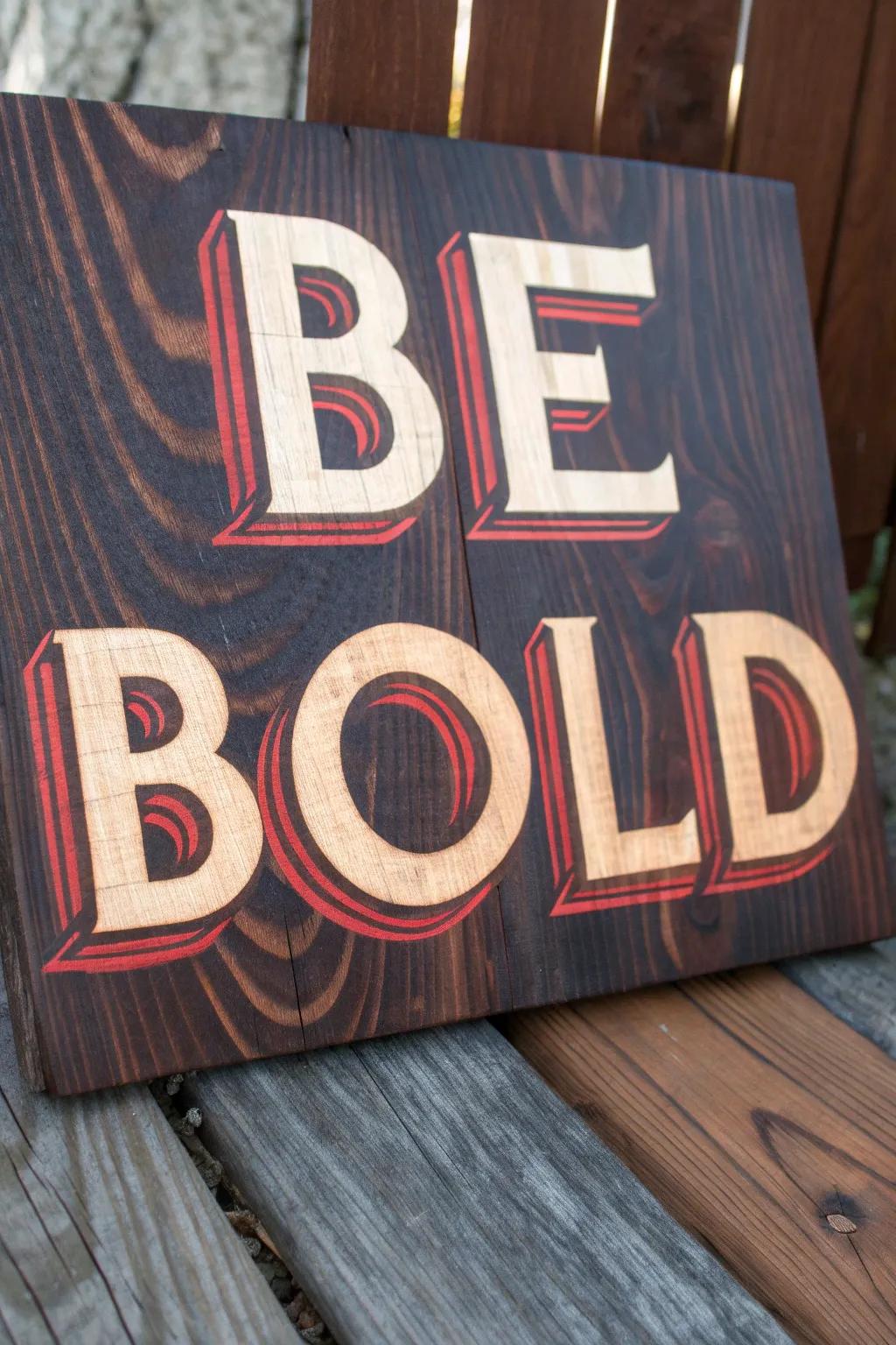 Make a statement with bold typography: 'Be Bold' in beautifully handcrafted wood burning.