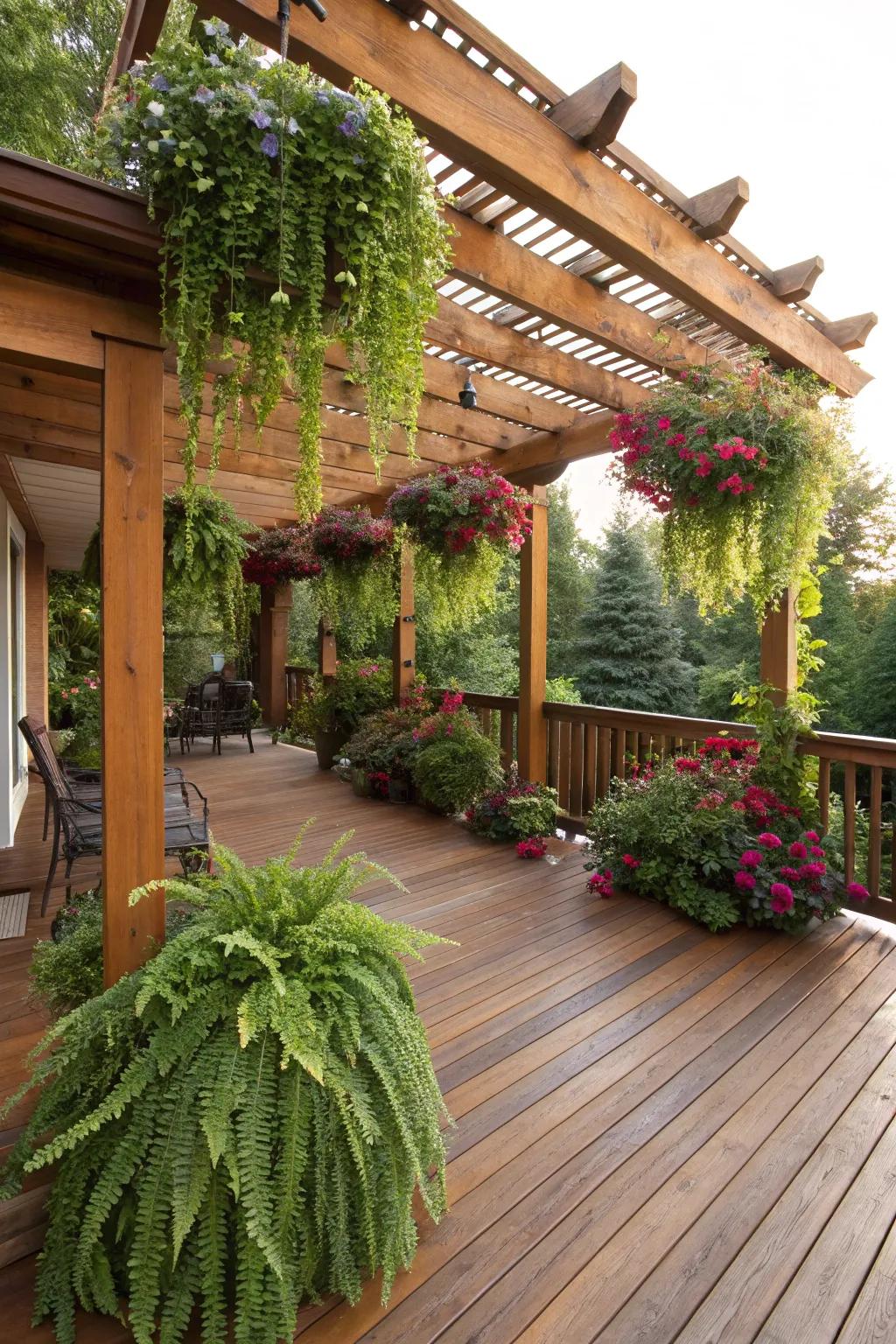 Transform your deck into a verdant oasis with an elegant hanging garden centerpiece.