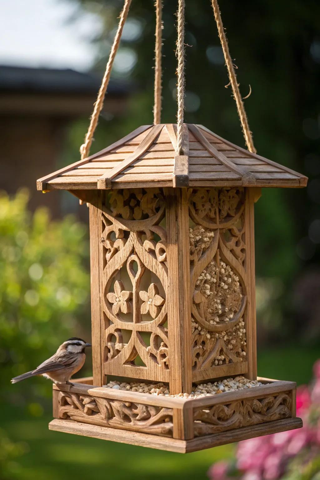 Elevate your garden space with a handcrafted wooden bird feeder that delights both birds and birdwatchers alike.