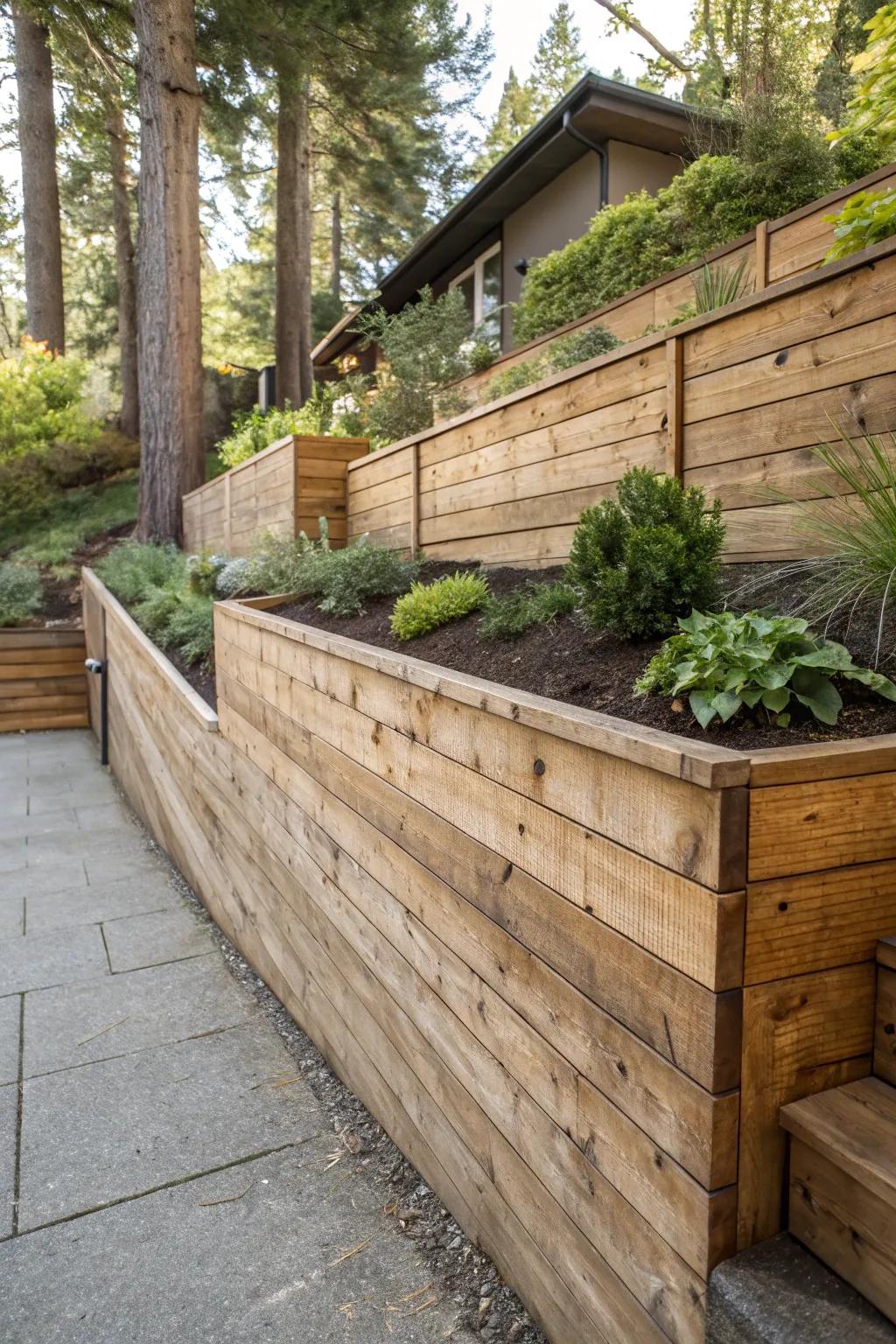Master the art of erosion control with a stunningly crafted wooden retaining wall. #Craftsmanship #GardenDesign
