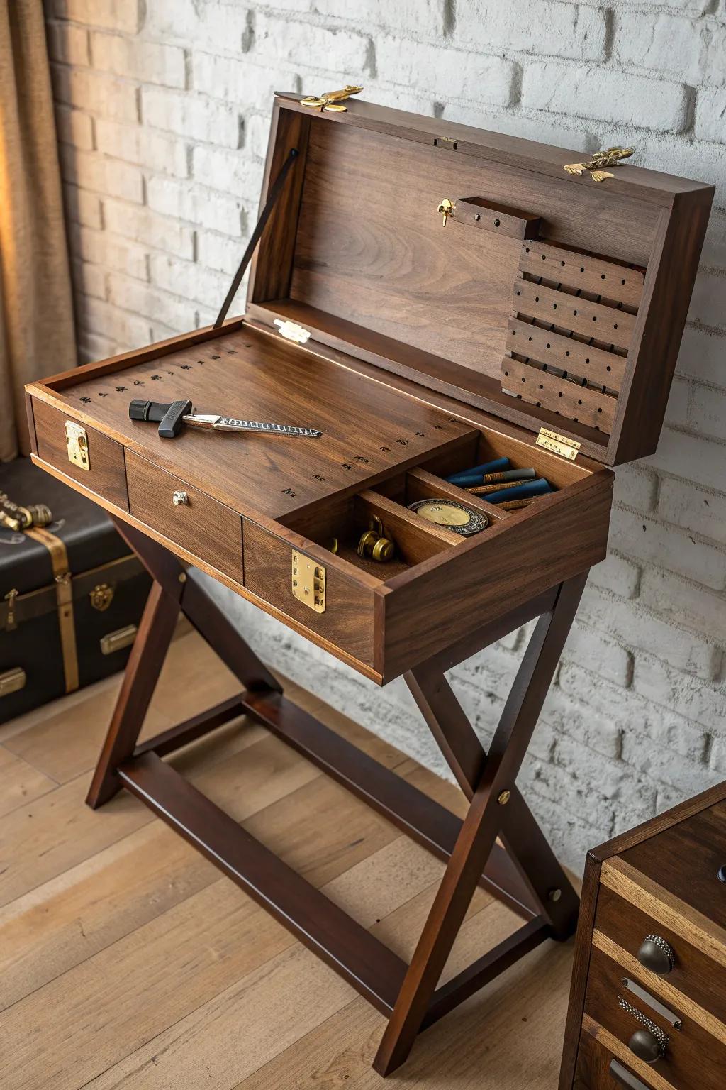 Maximize your space without compromising on style with this compact walnut workbench.