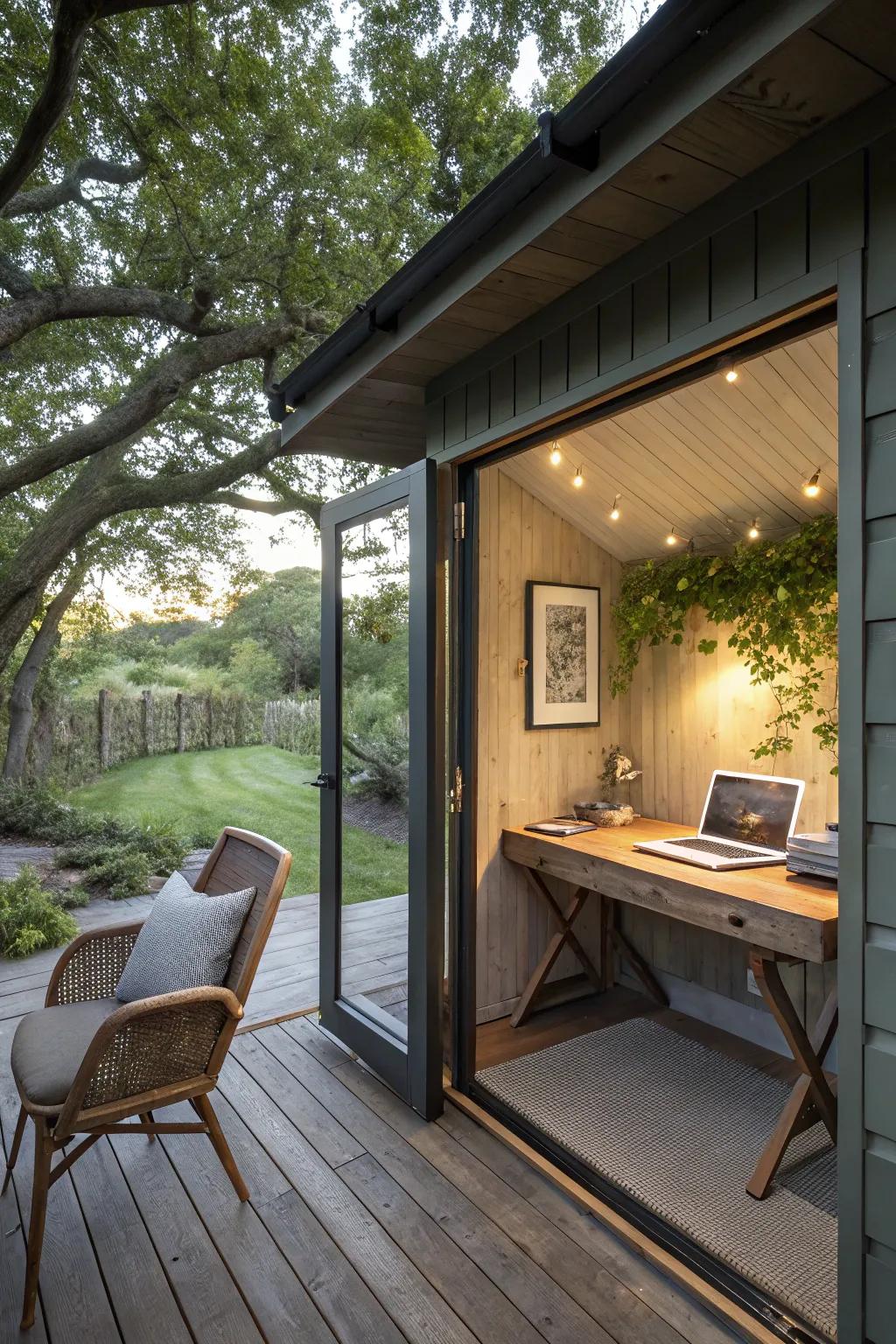 A writing shed seamlessly extending into an outdoor office.