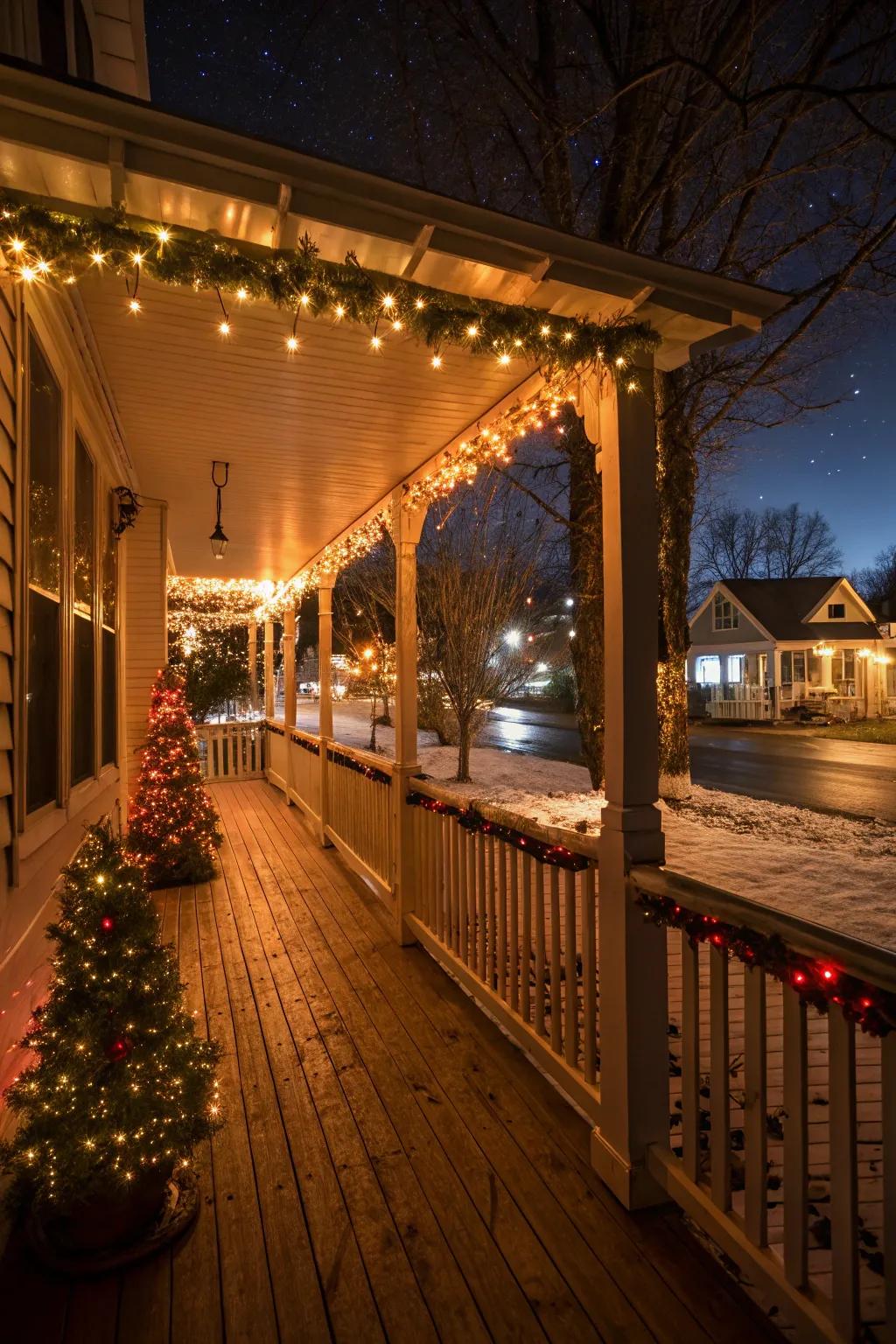 A porch beautifully decorated with twinkling Christmas lights.