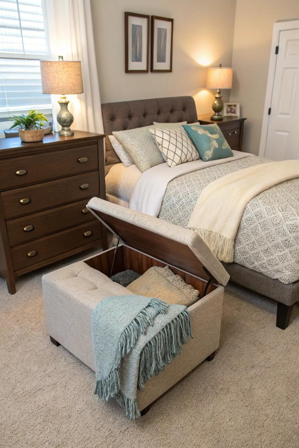 Ottomans offer dual functionality as seating and storage.