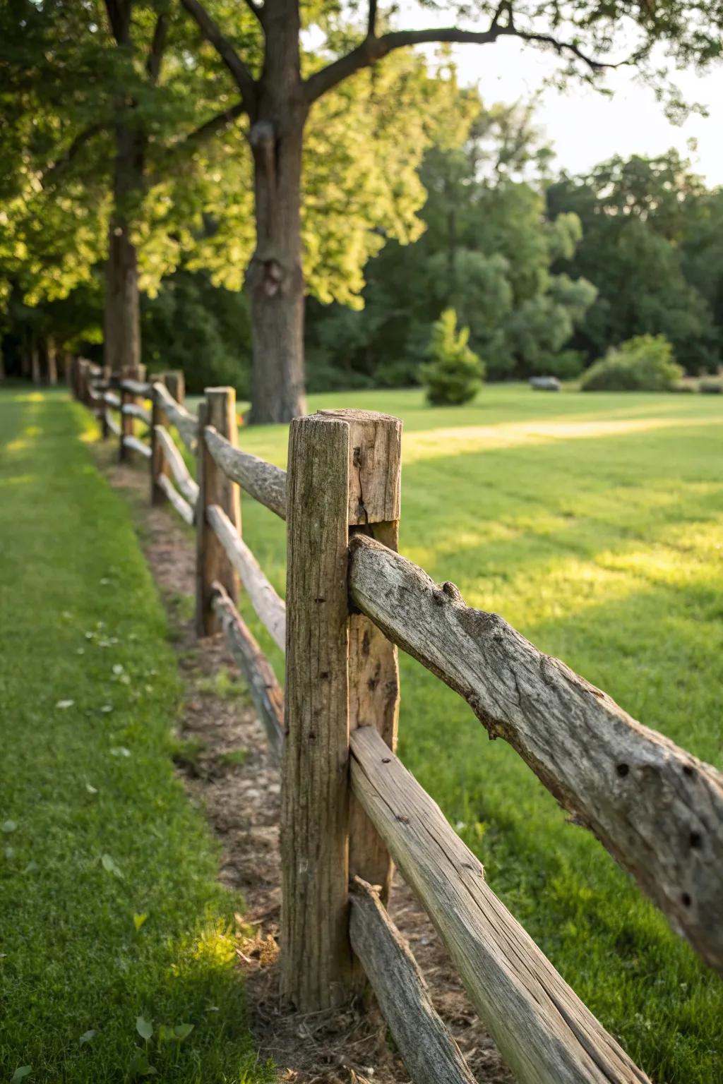 Embrace rustic elegance with a handcrafted split-rail fence, harmonizing seamlessly with nature's beauty.