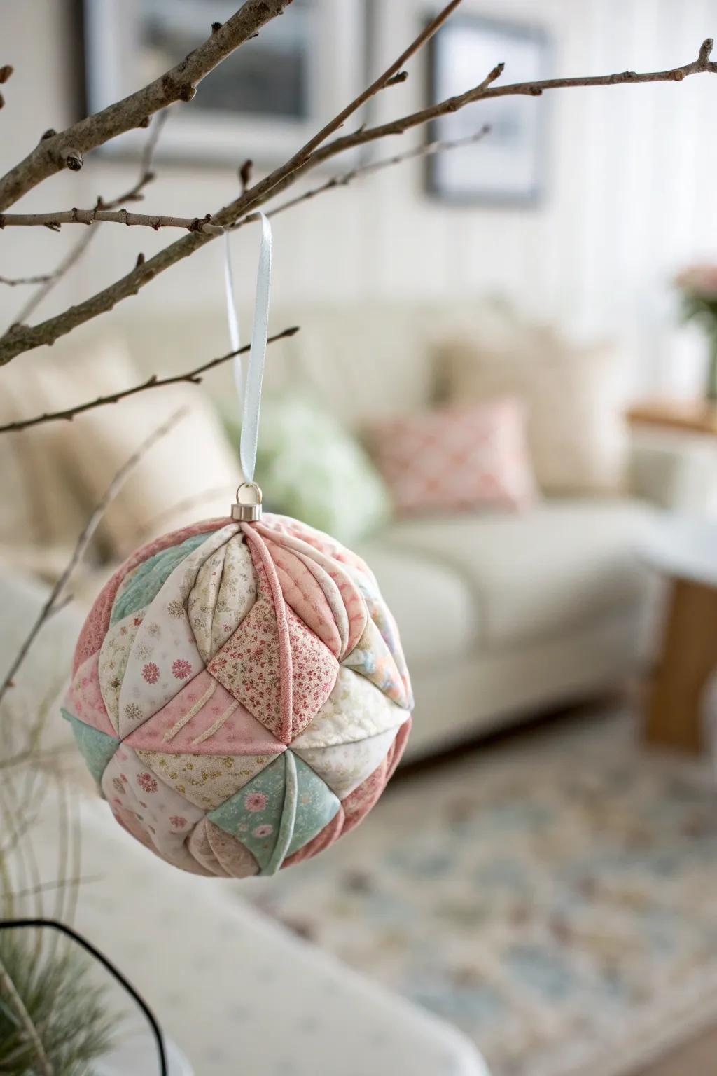 Add a touch of handmade elegance to your decor with these charming quilted fabric ornaments.