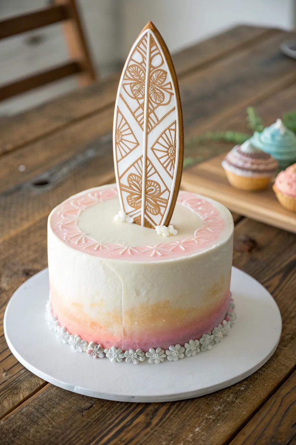 Ride the waves of celebration with this stunning surfboard-inspired cake accent!