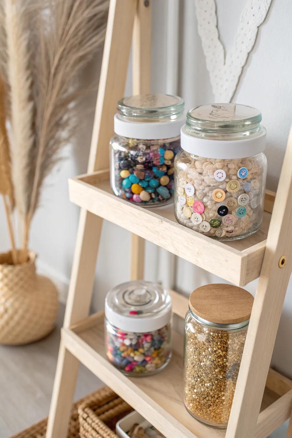 Organize your art space with charming mismatched jars for a touch of eclectic beauty.