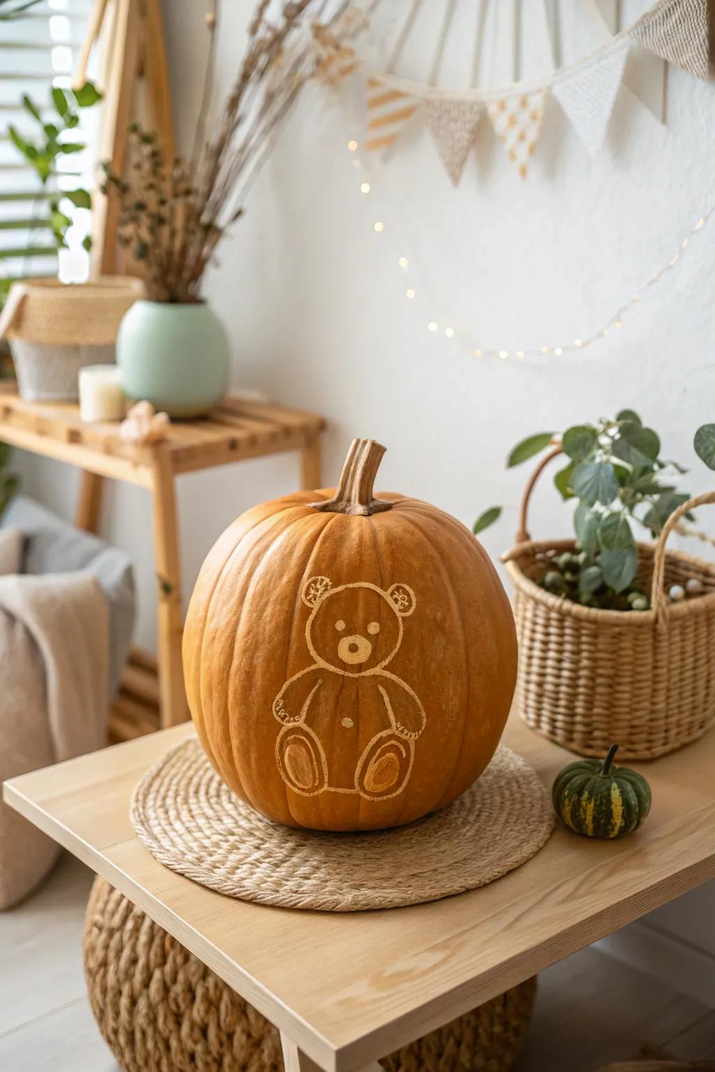 Craft your baby's favorite toy onto a pumpkin for a touch of whimsy and charm this autumn.